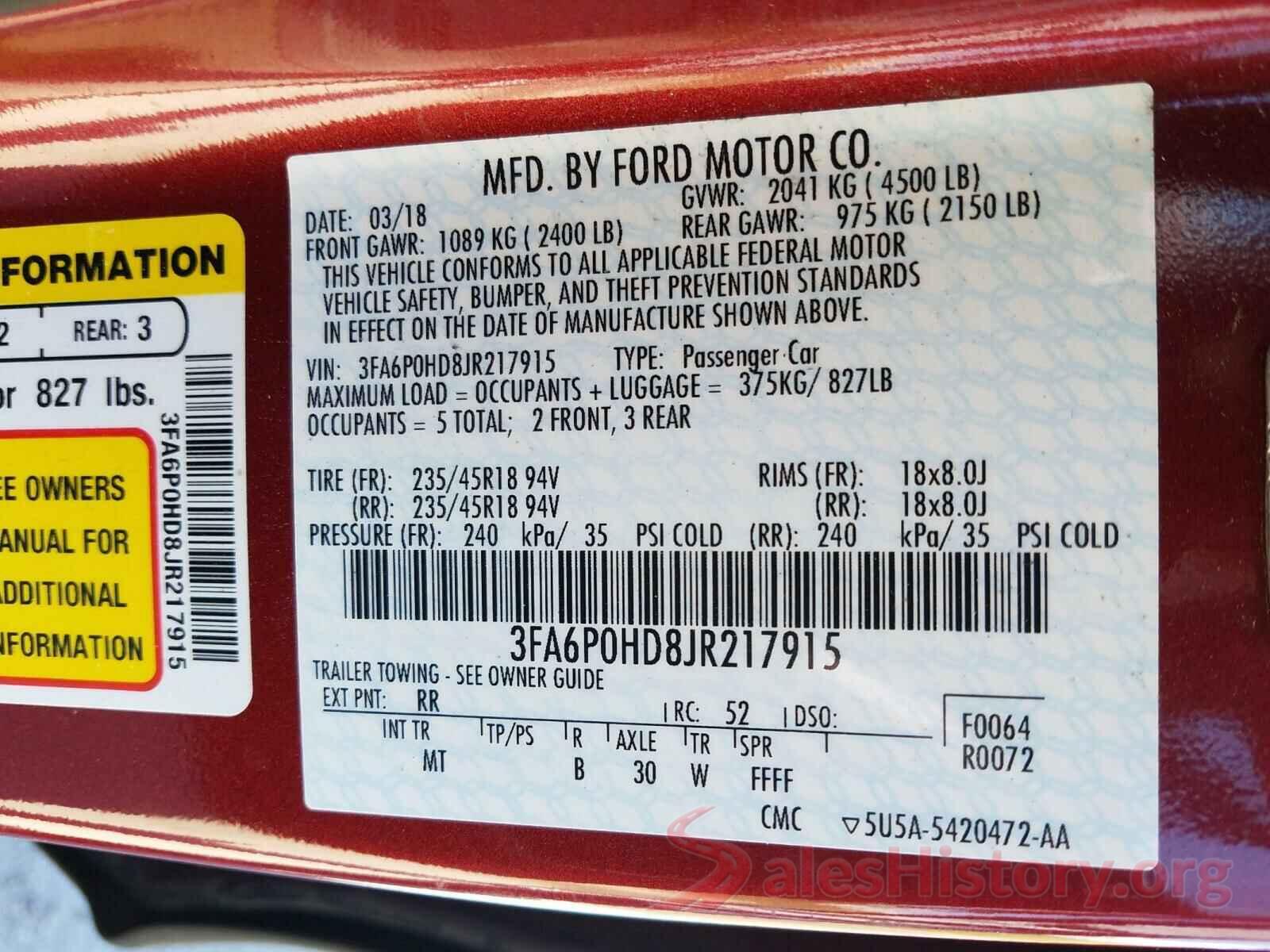 3FA6P0HD8JR217915 2018 FORD FUSION