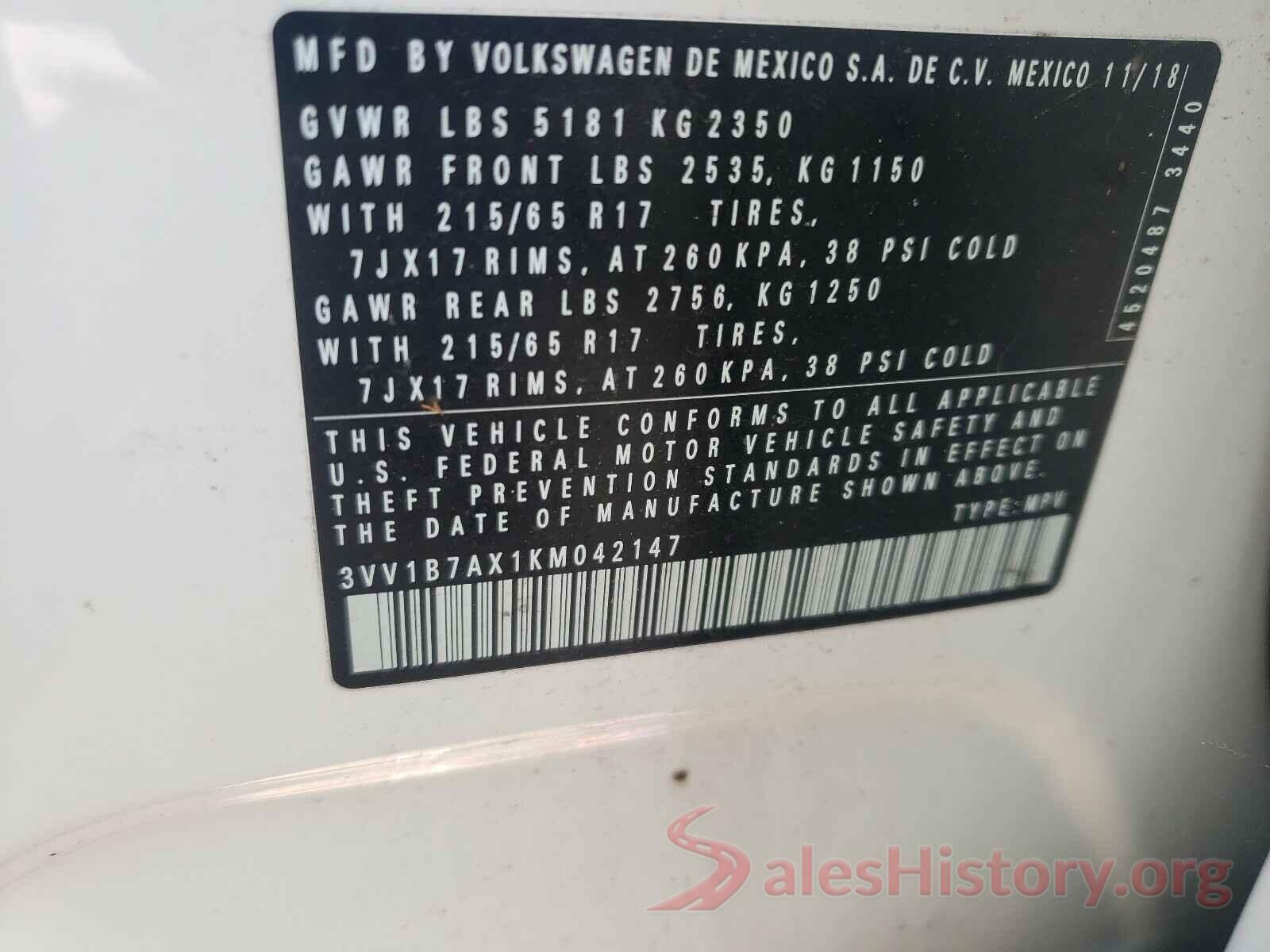 3VV1B7AX1KM042147 2019 VOLKSWAGEN TIGUAN