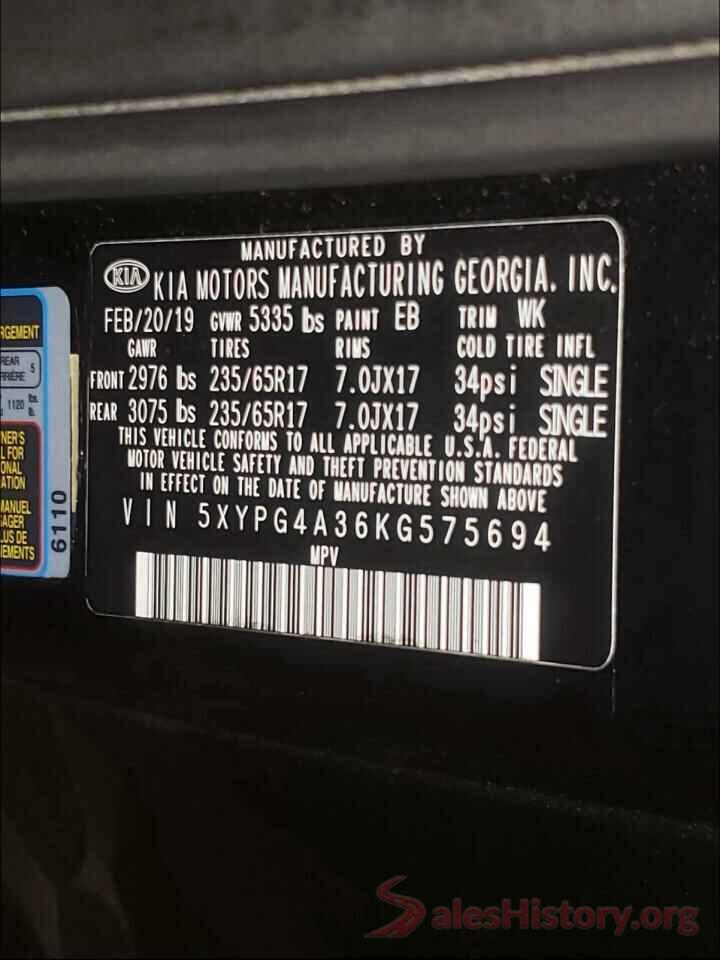 5XYPG4A36KG575694 2019 KIA SORENTO