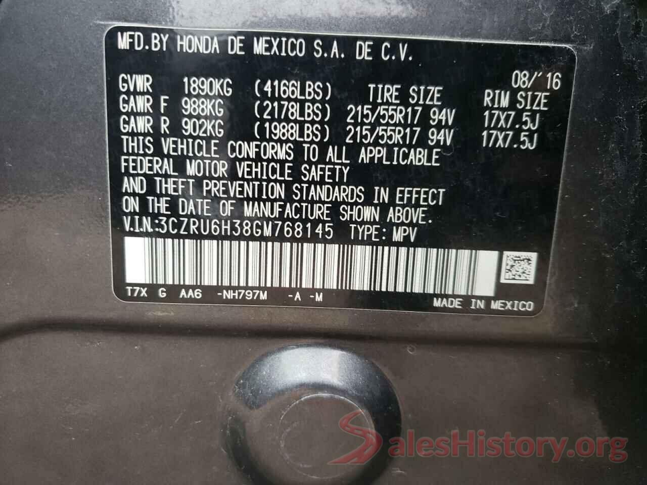 3CZRU6H38GM768145 2016 HONDA HR-V