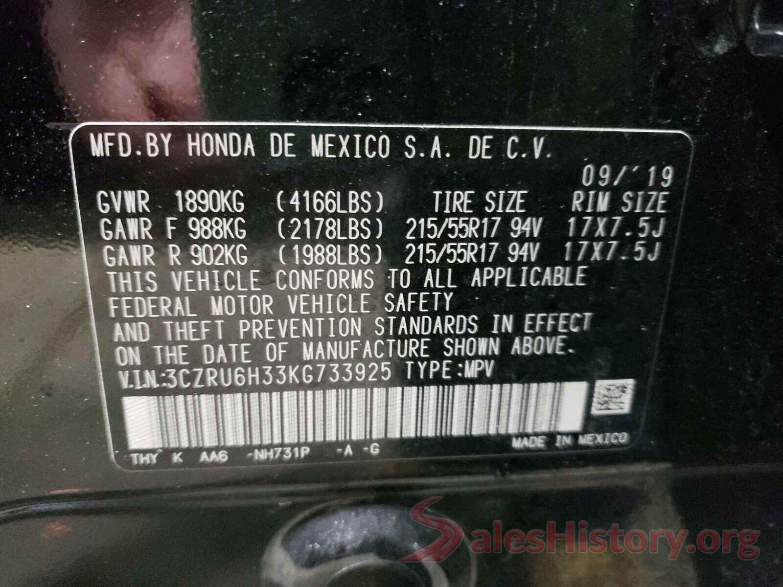 3CZRU6H33KG733925 2019 HONDA HR-V