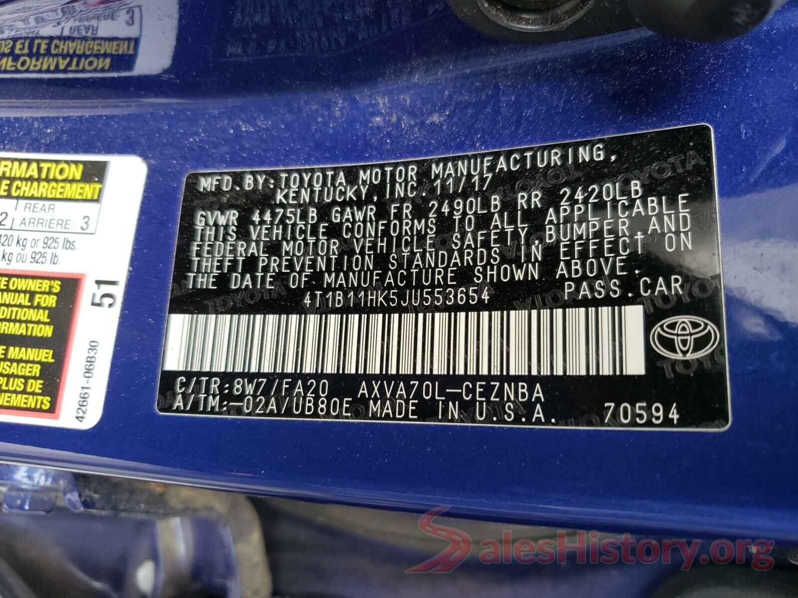 4T1B11HK5JU553654 2018 TOYOTA CAMRY