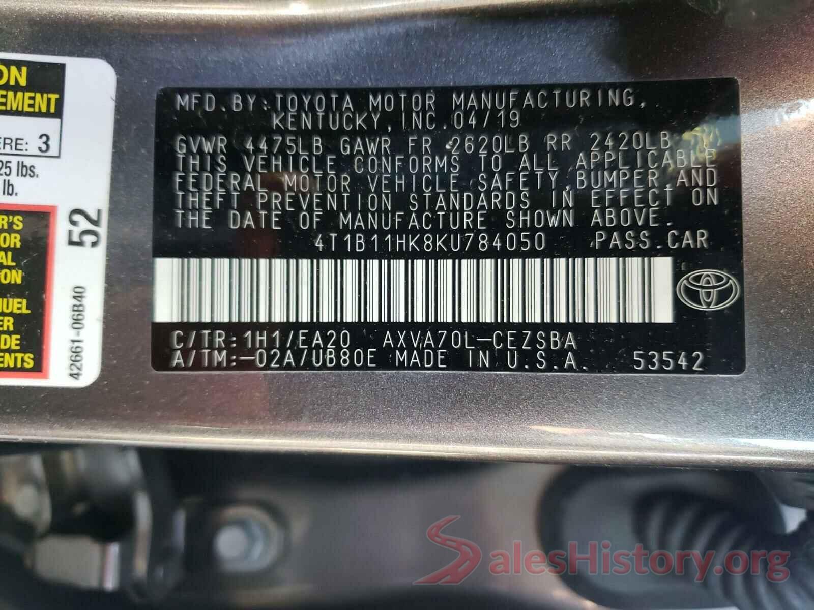 4T1B11HK8KU784050 2019 TOYOTA CAMRY