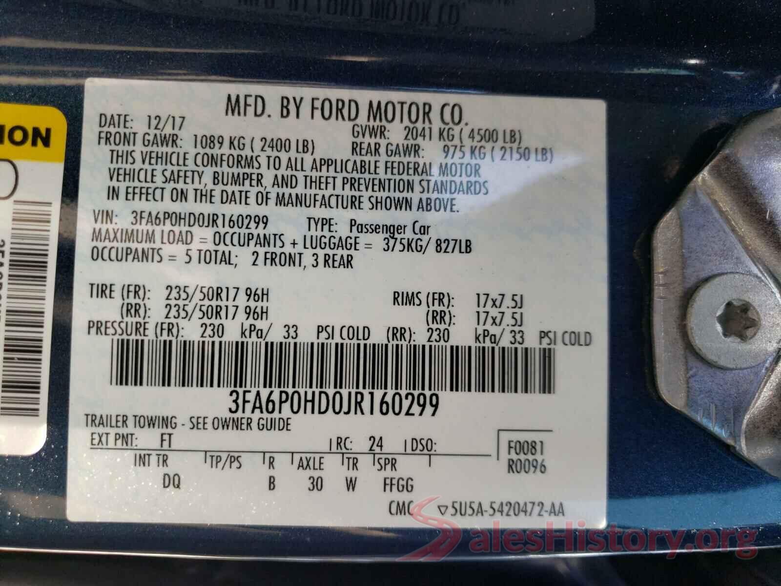 3FA6P0HD0JR160299 2018 FORD FUSION