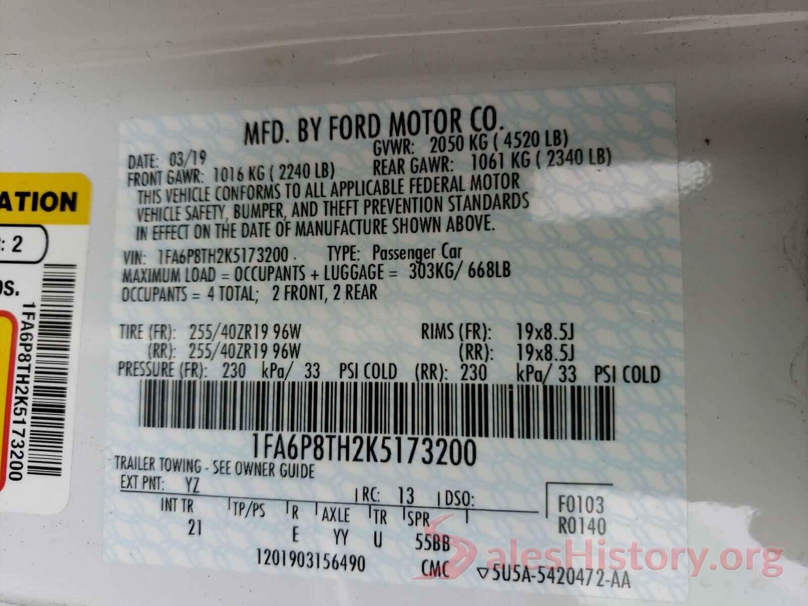 1FA6P8TH2K5173200 2019 FORD MUSTANG