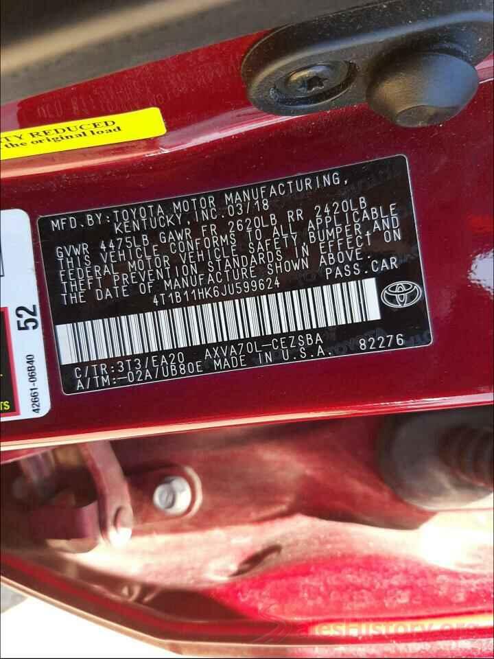 4T1B11HK6JU599624 2018 TOYOTA CAMRY