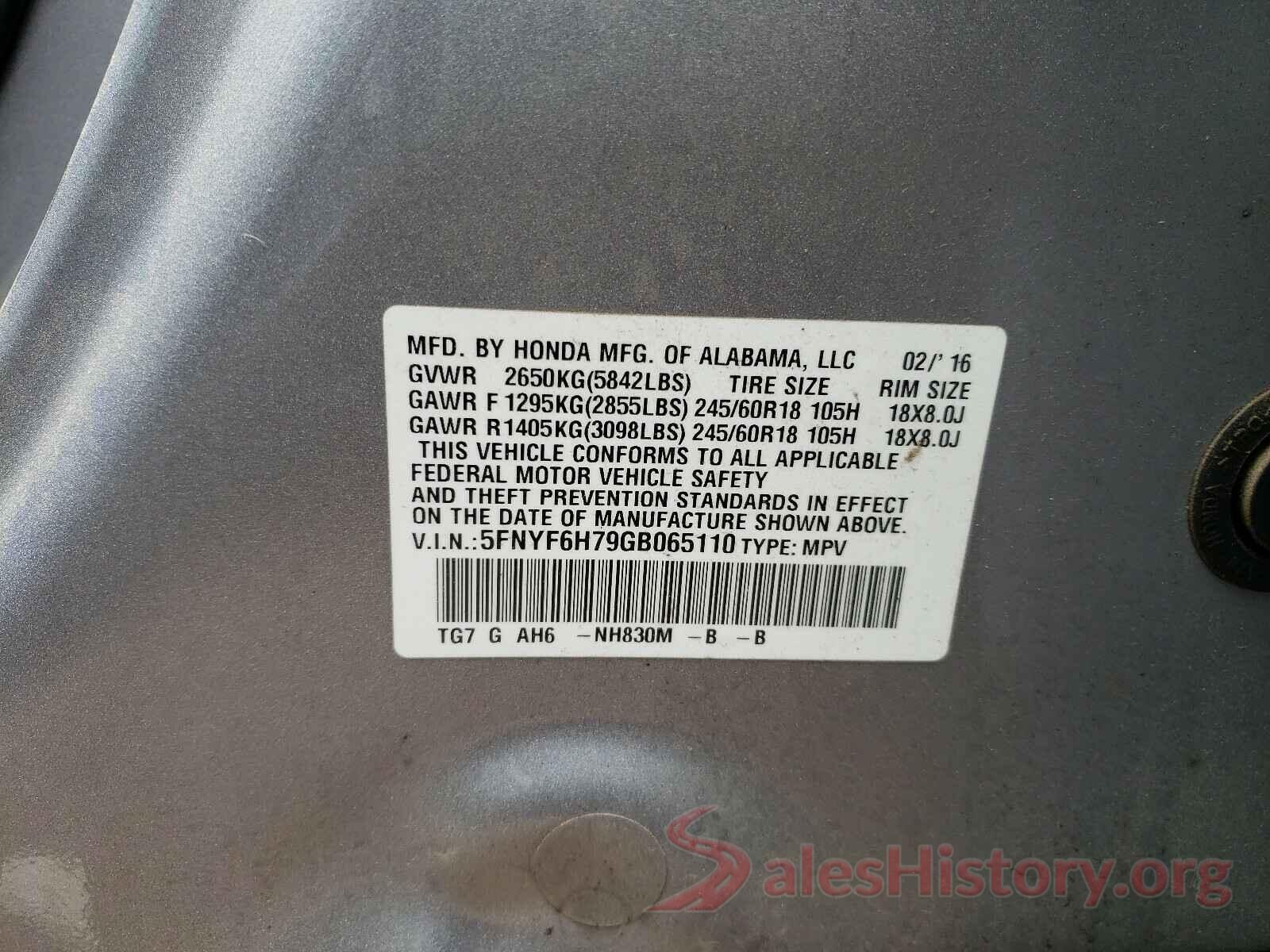 5FNYF6H79GB065110 2016 HONDA PILOT