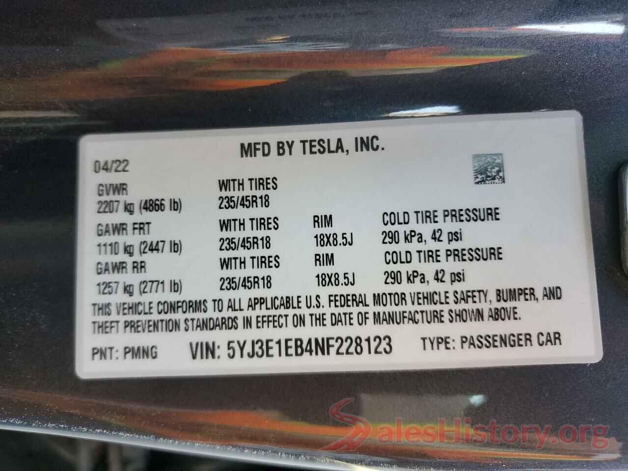 5YJ3E1EB4NF228123 2022 TESLA MODEL 3