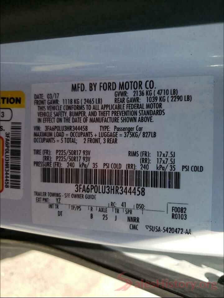 3FA6P0LU3HR344458 2017 FORD FUSION