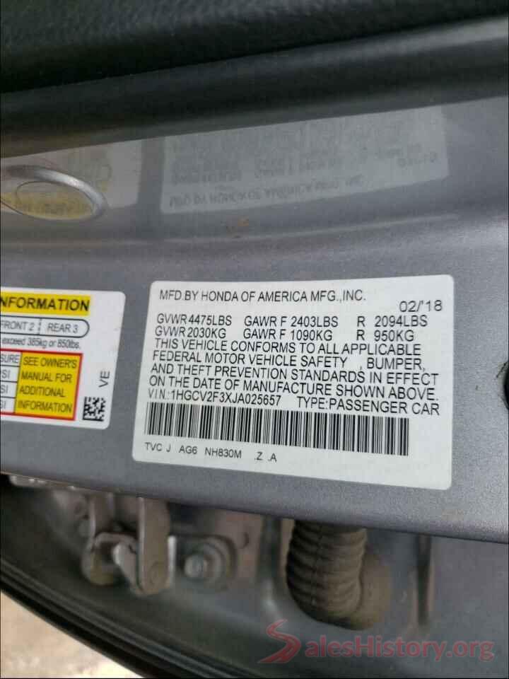 1HGCV2F3XJA025657 2018 HONDA ACCORD