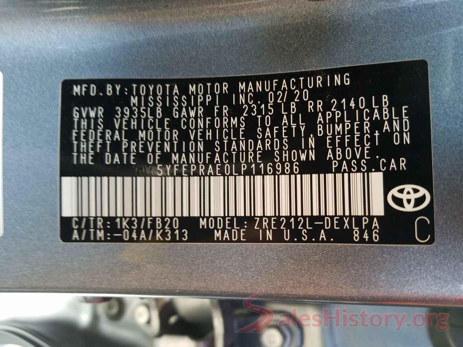 5YFEPRAE0LP116986 2020 TOYOTA COROLLA