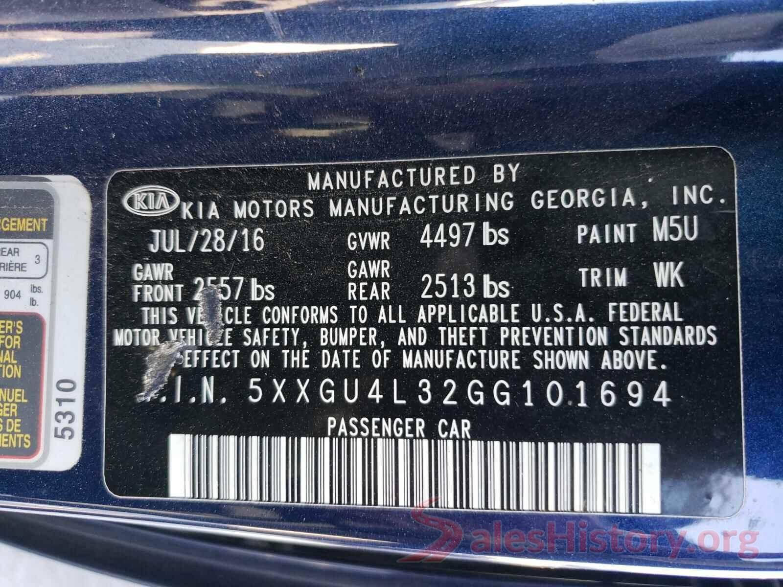 5XXGU4L32GG101694 2016 KIA OPTIMA