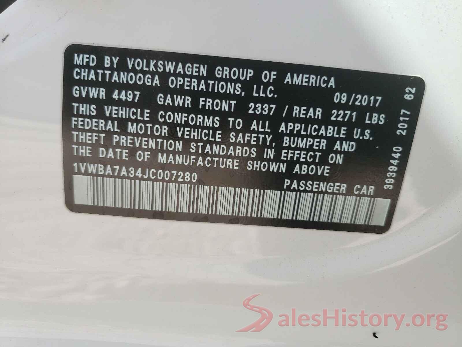 1VWBA7A34JC007280 2018 VOLKSWAGEN PASSAT