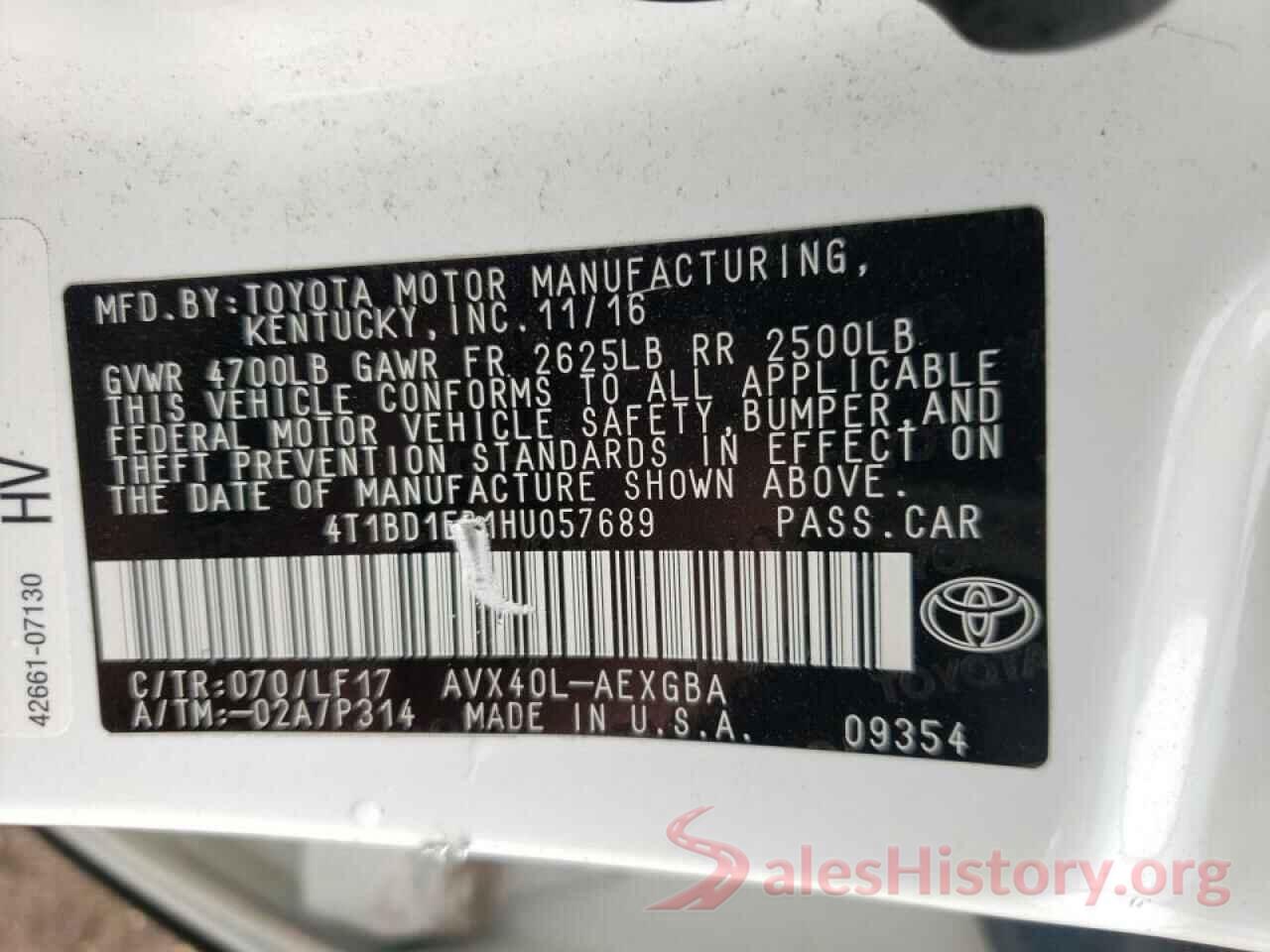 4T1BD1EB1HU057689 2017 TOYOTA AVALON