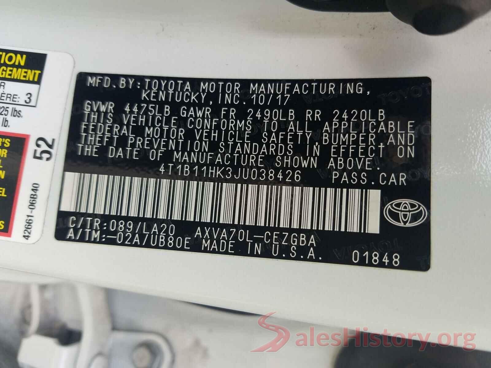 4T1B11HK3JU038426 2018 TOYOTA CAMRY