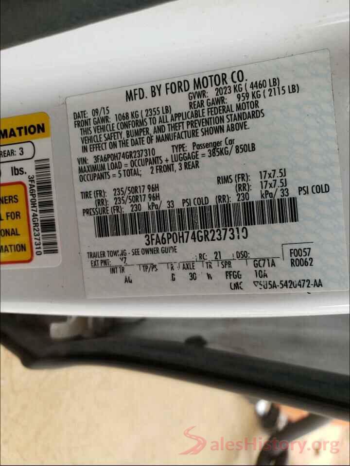 3FA6P0H74GR237310 2016 FORD FUSION