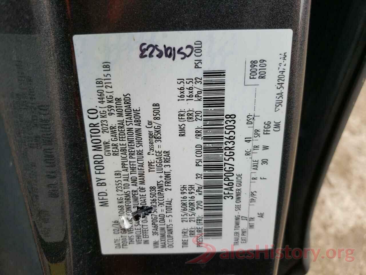 3FA6P0G75GR365038 2016 FORD FUSION