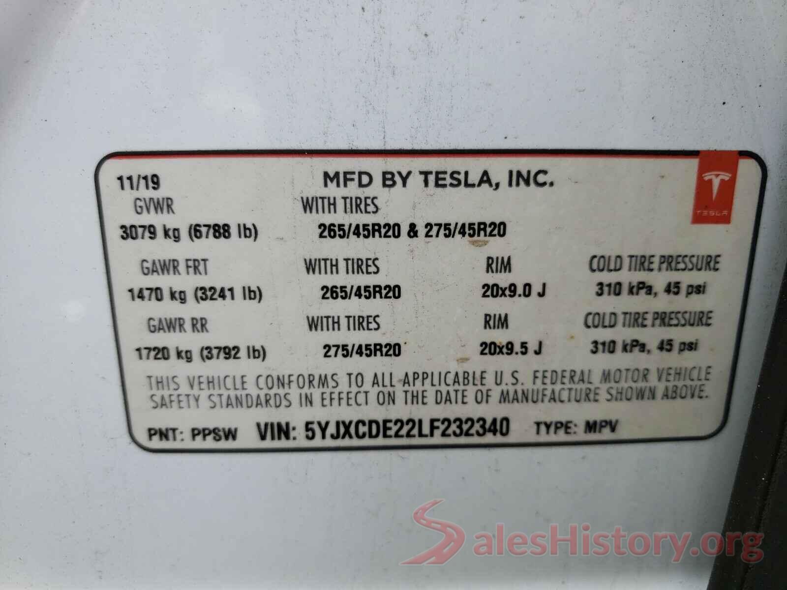 5YJXCDE22LF232340 2020 TESLA MODEL X