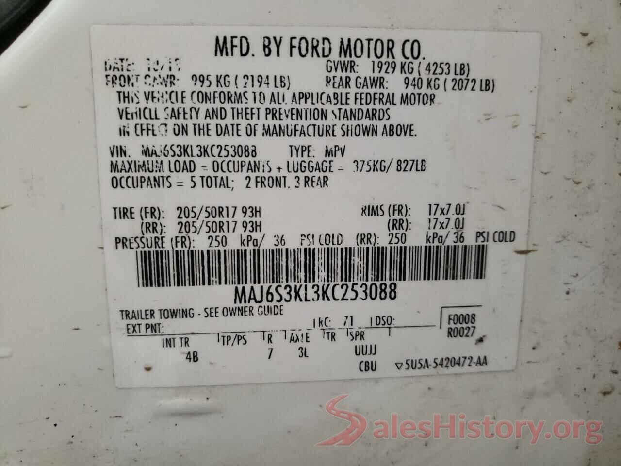 MAJ6S3KL3KC253088 2019 FORD ECOSPORT