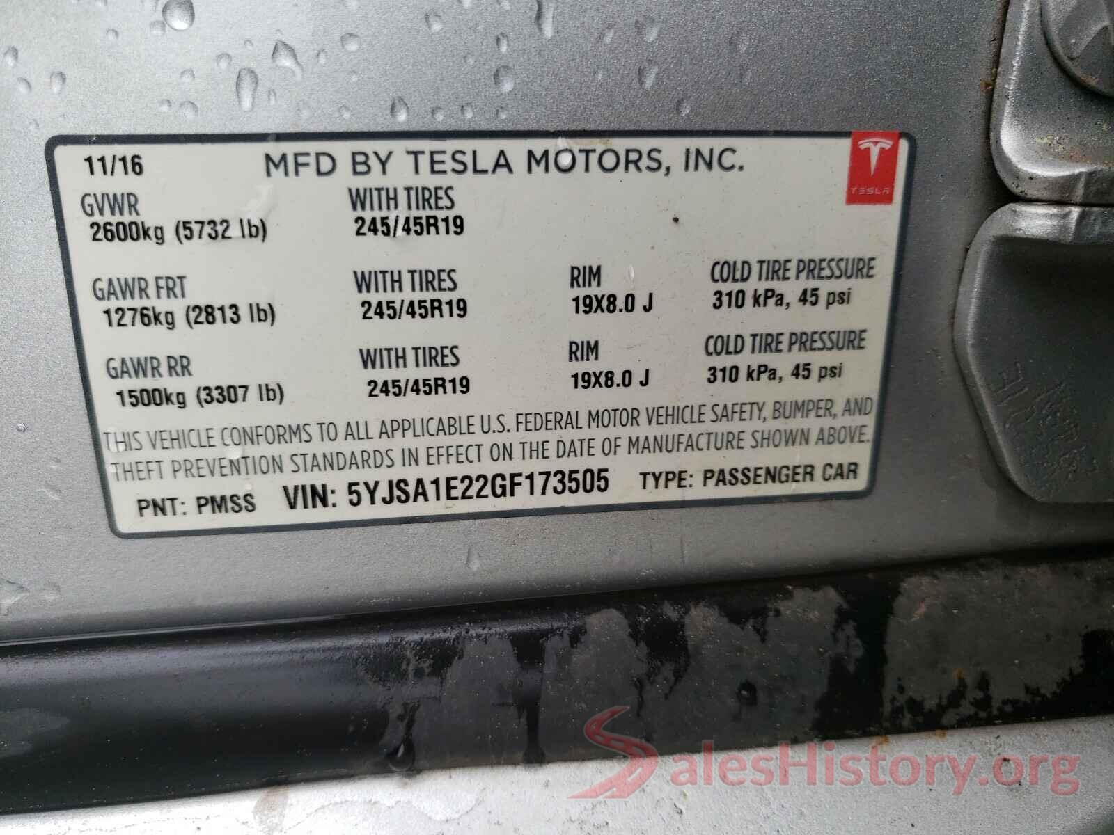 5YJSA1E22GF173505 2016 TESLA MODEL S