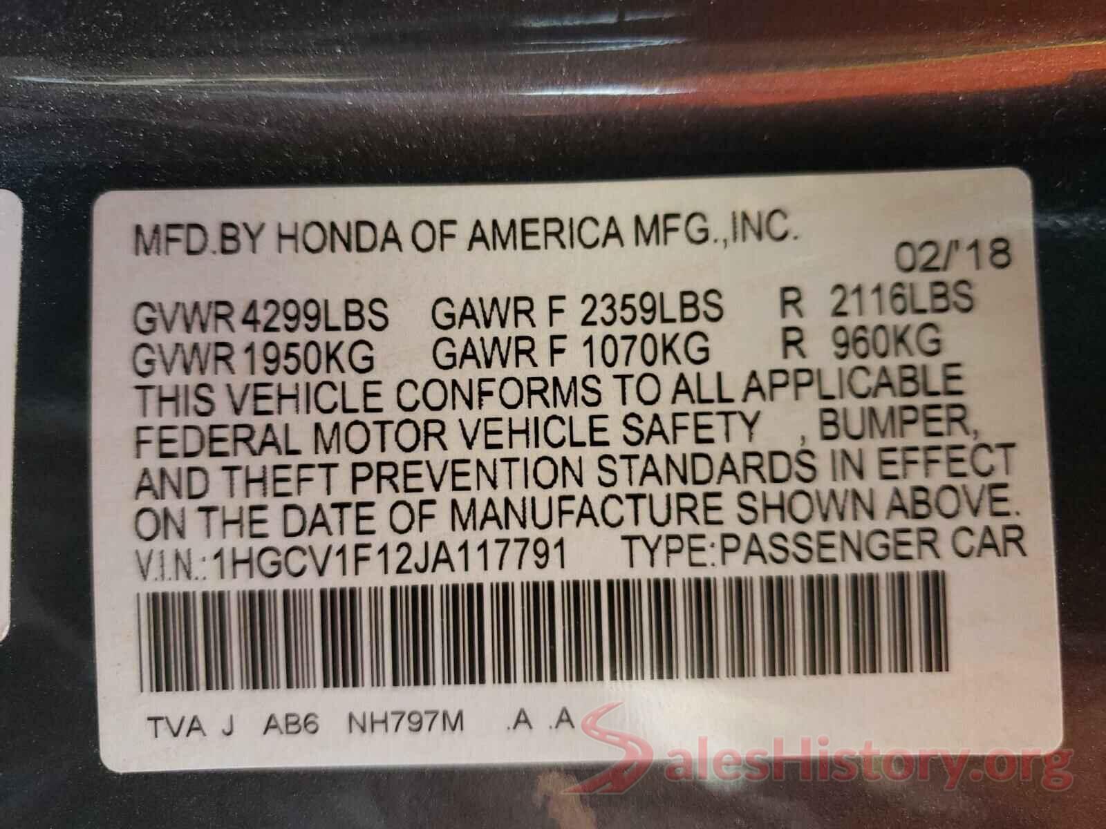 1HGCV1F12JA117791 2018 HONDA ACCORD