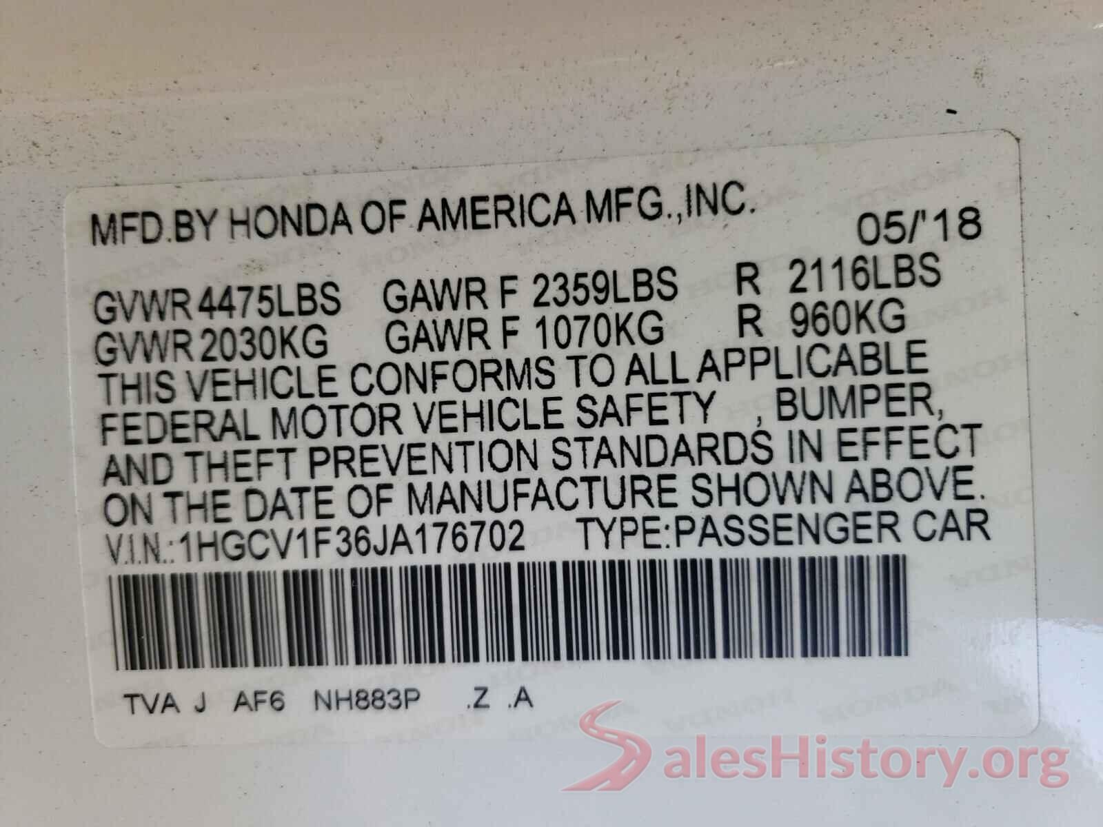 1HGCV1F36JA176702 2018 HONDA ACCORD