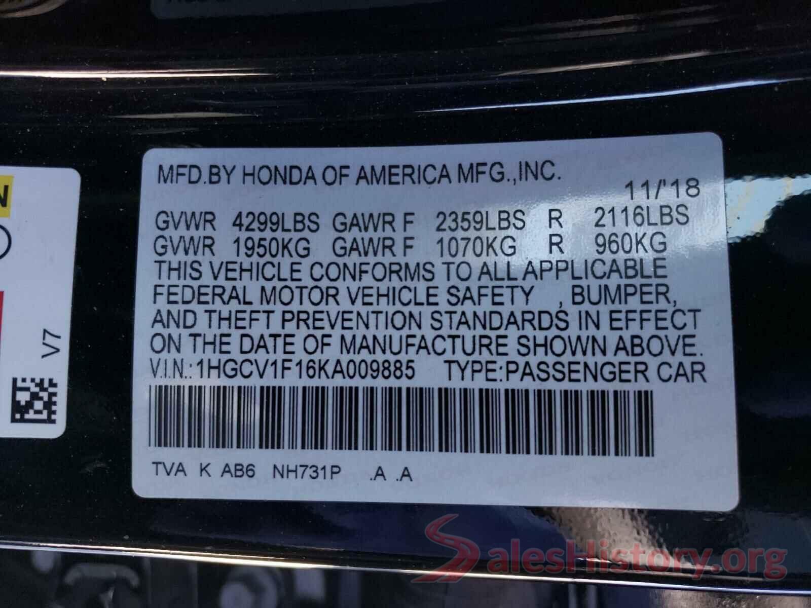 1HGCV1F16KA009885 2019 HONDA ACCORD