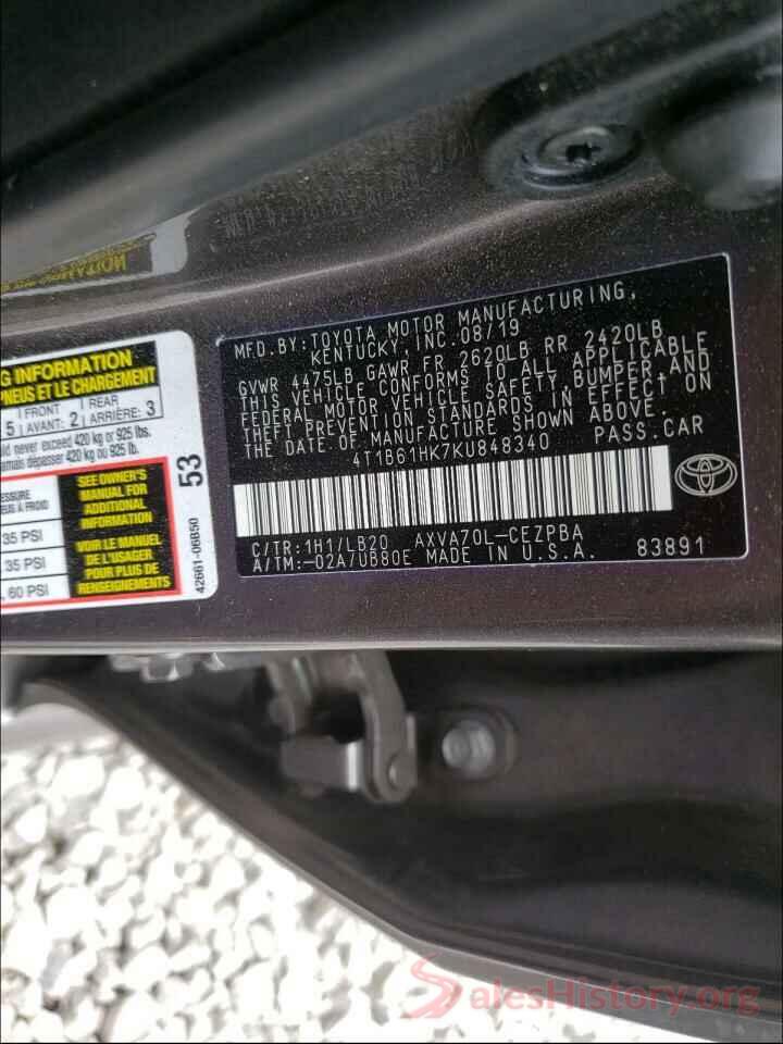 4T1B61HK7KU848340 2019 TOYOTA CAMRY