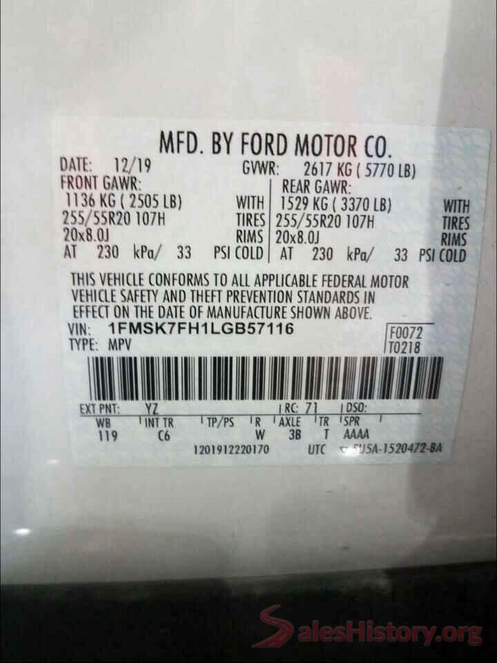 1FMSK7FH1LGB57116 2020 FORD EXPLORER