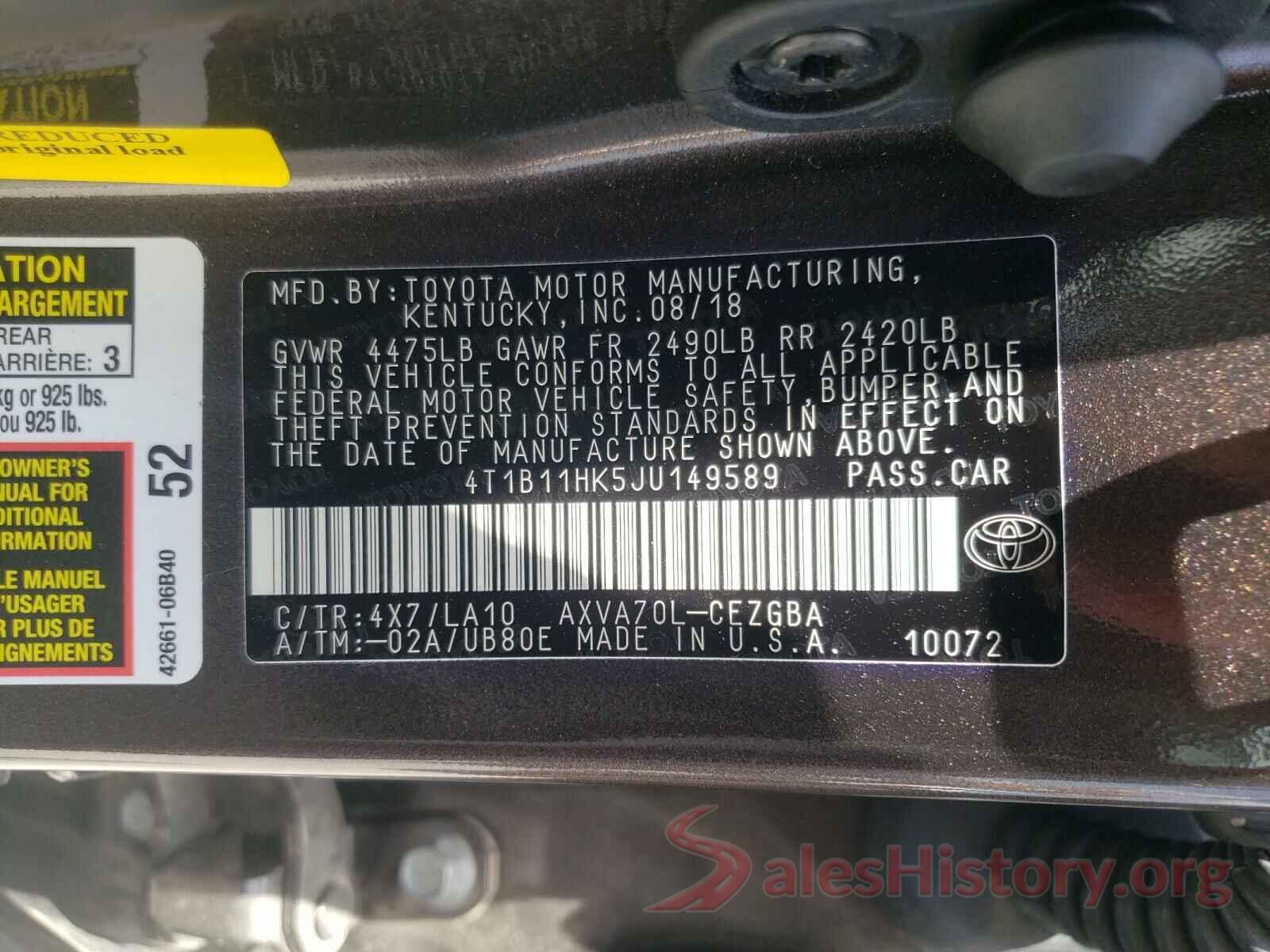 4T1B11HK5JU149589 2018 TOYOTA CAMRY