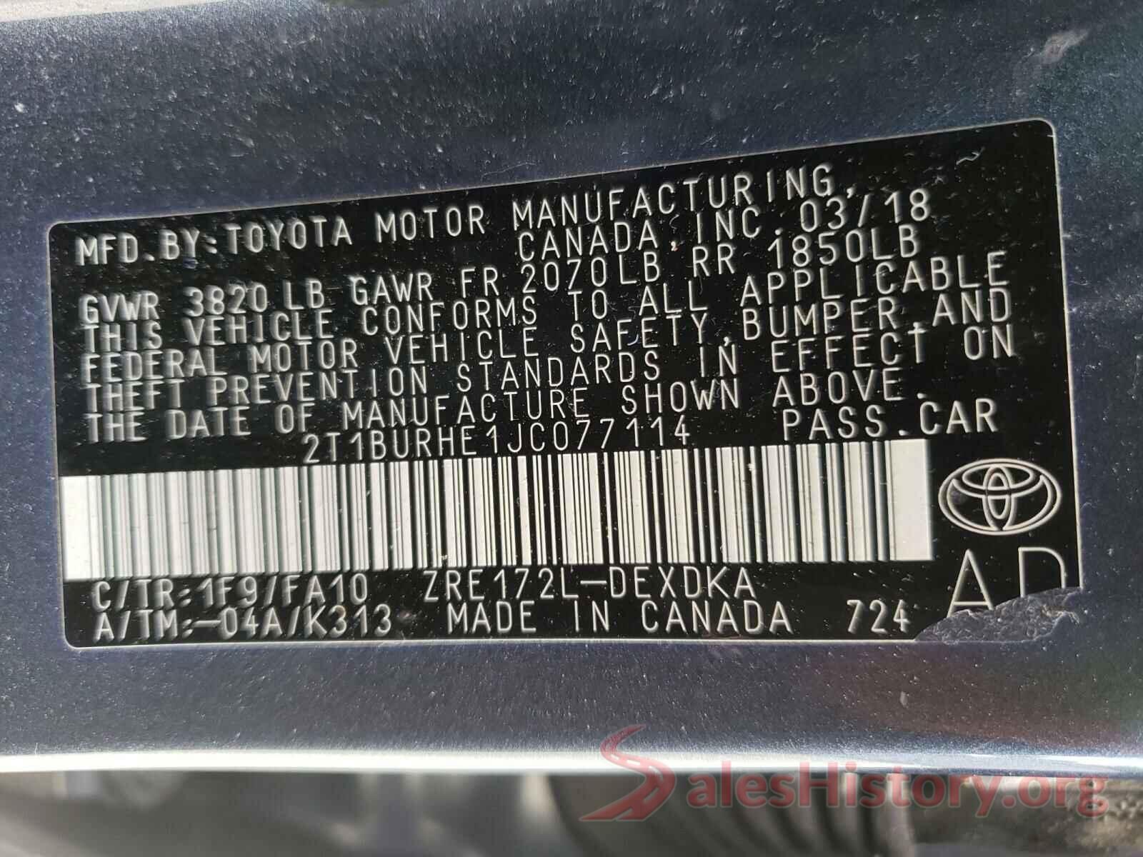 2T1BURHE1JC077114 2018 TOYOTA COROLLA