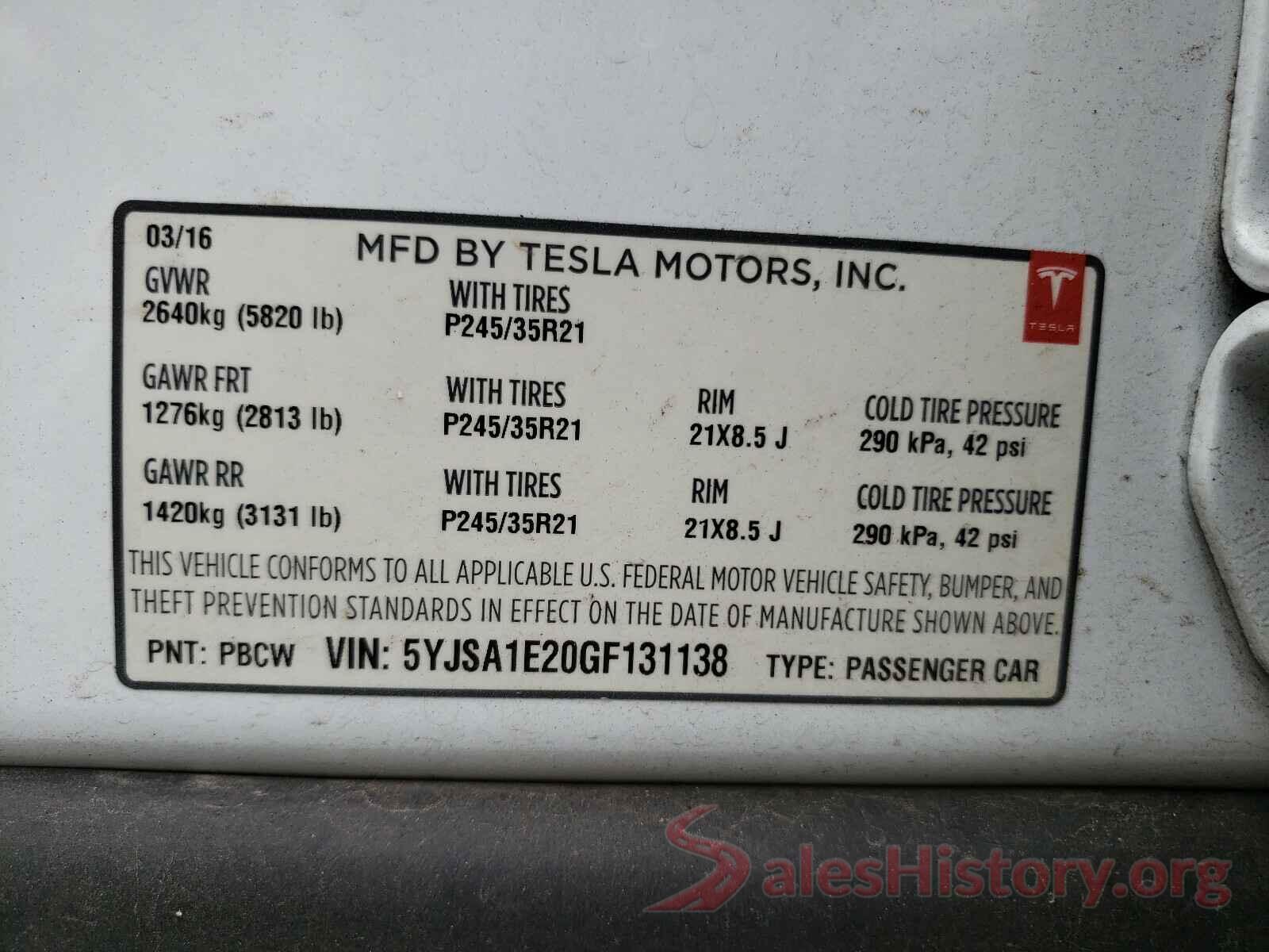 5YJSA1E20GF131138 2016 TESLA MODEL S