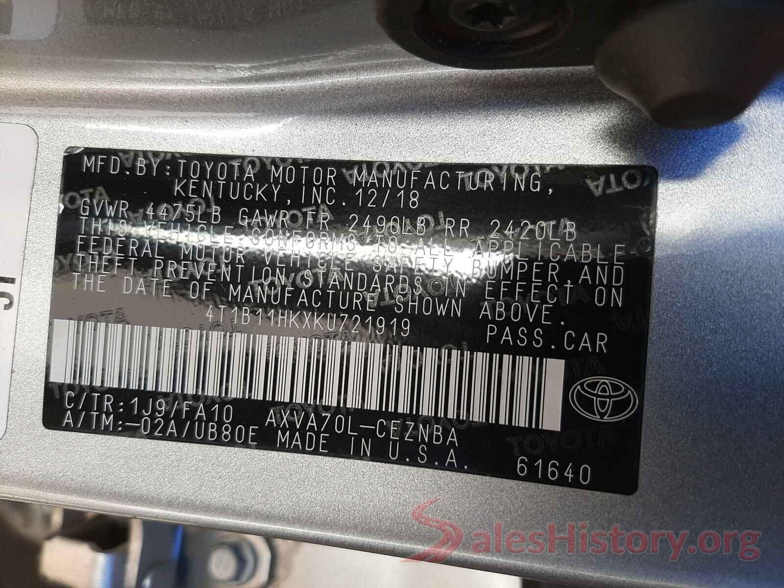 4T1B11HKXKU721919 2019 TOYOTA CAMRY