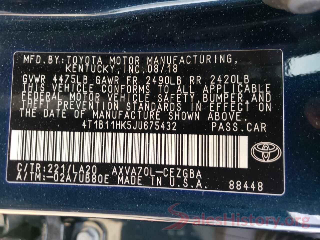 4T1B11HK5JU675432 2018 TOYOTA CAMRY