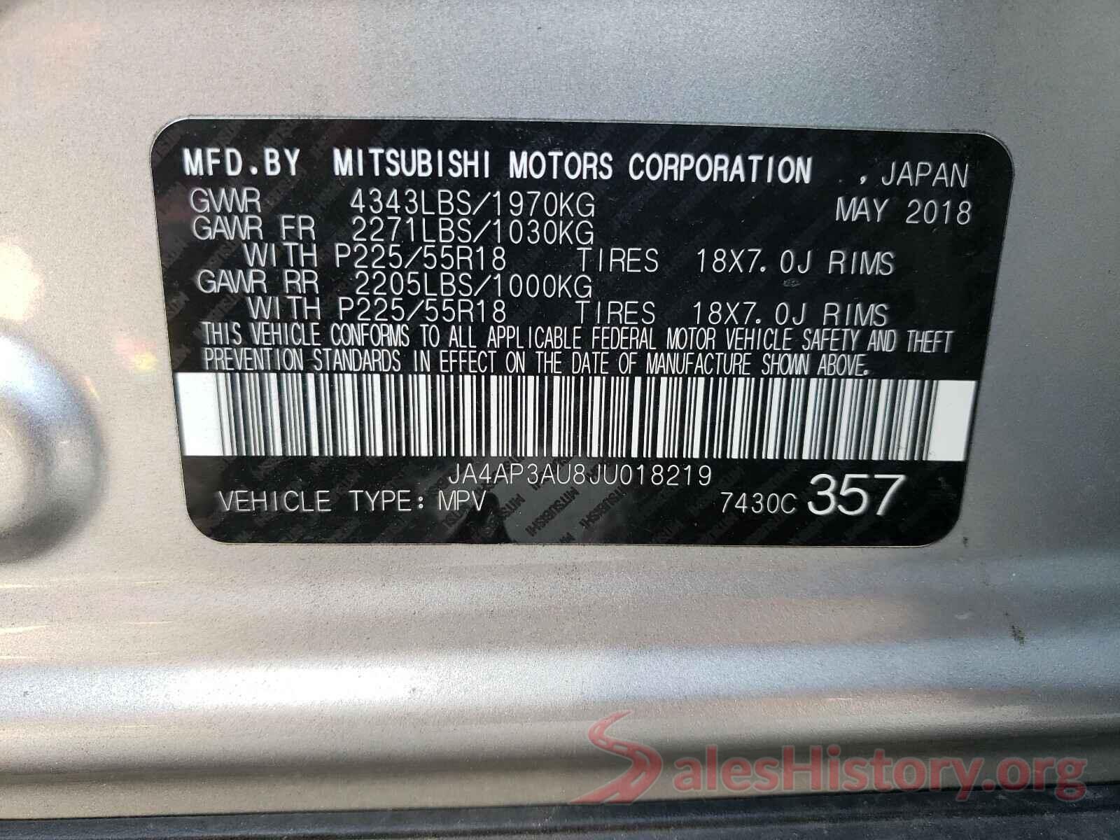 JA4AP3AU8JU018219 2018 MITSUBISHI OUTLANDER