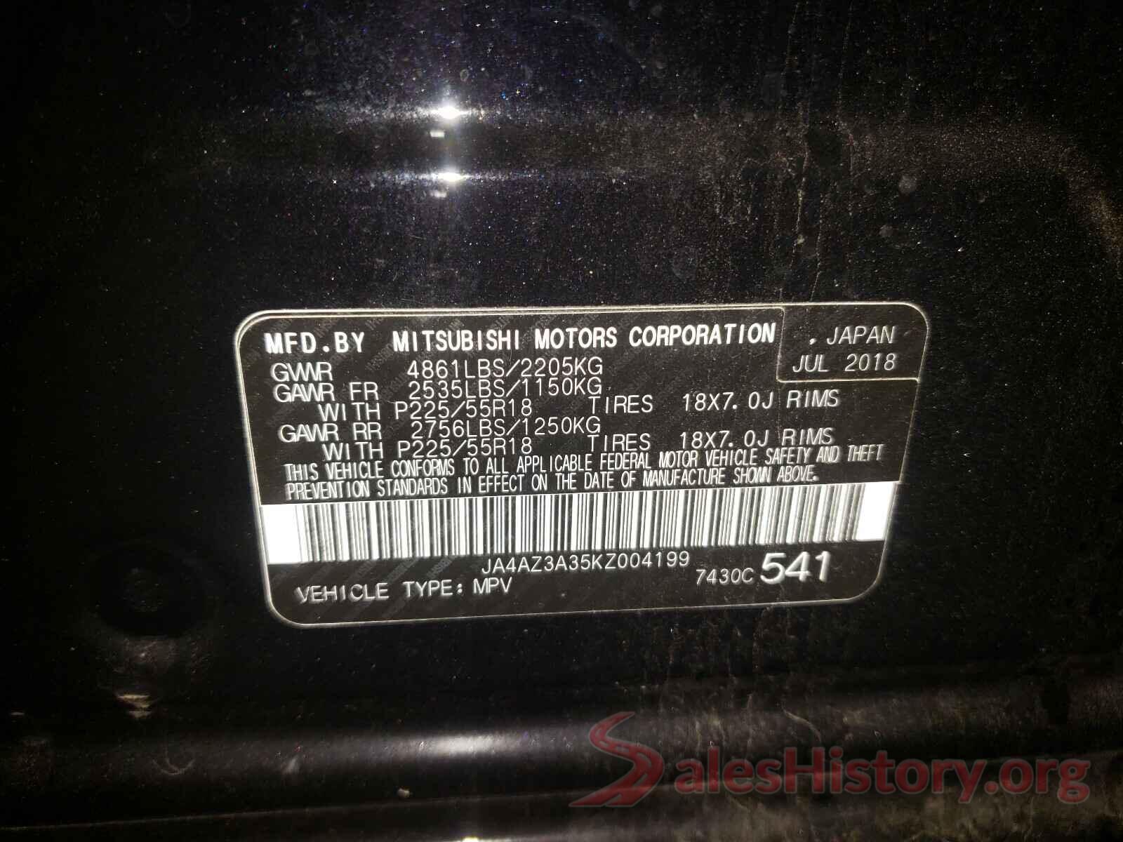 JA4AZ3A35KZ004199 2019 MITSUBISHI OUTLANDER