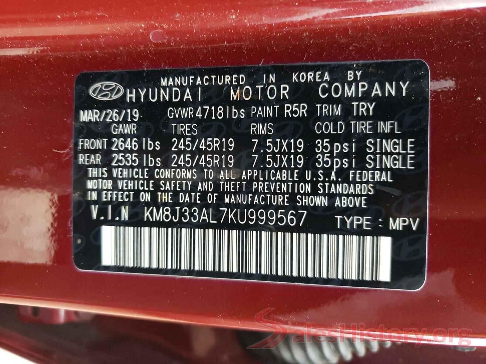 KM8J33AL7KU999567 2019 HYUNDAI TUCSON