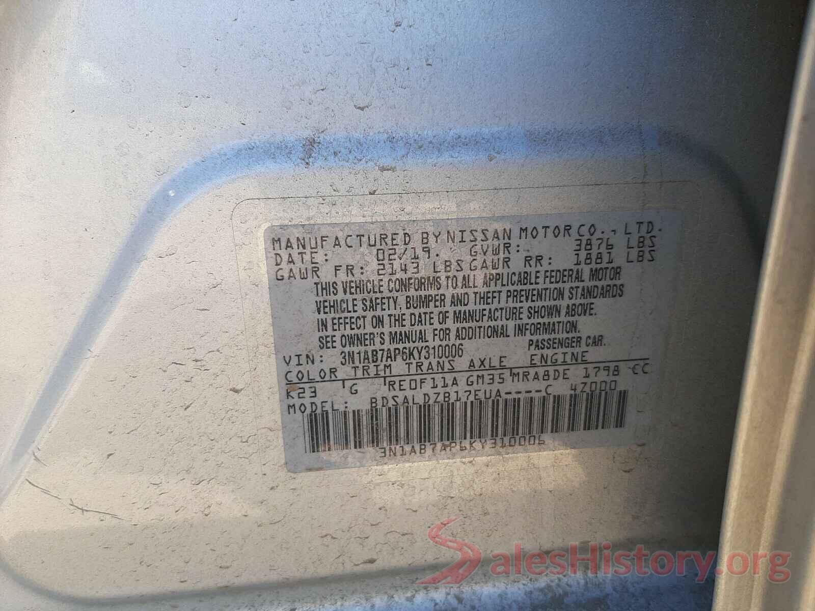 3N1AB7AP6KY310006 2019 NISSAN SENTRA