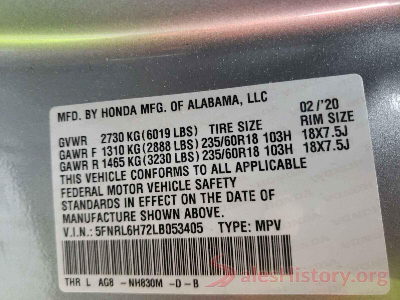 5FNRL6H72LB053405 2020 HONDA ODYSSEY