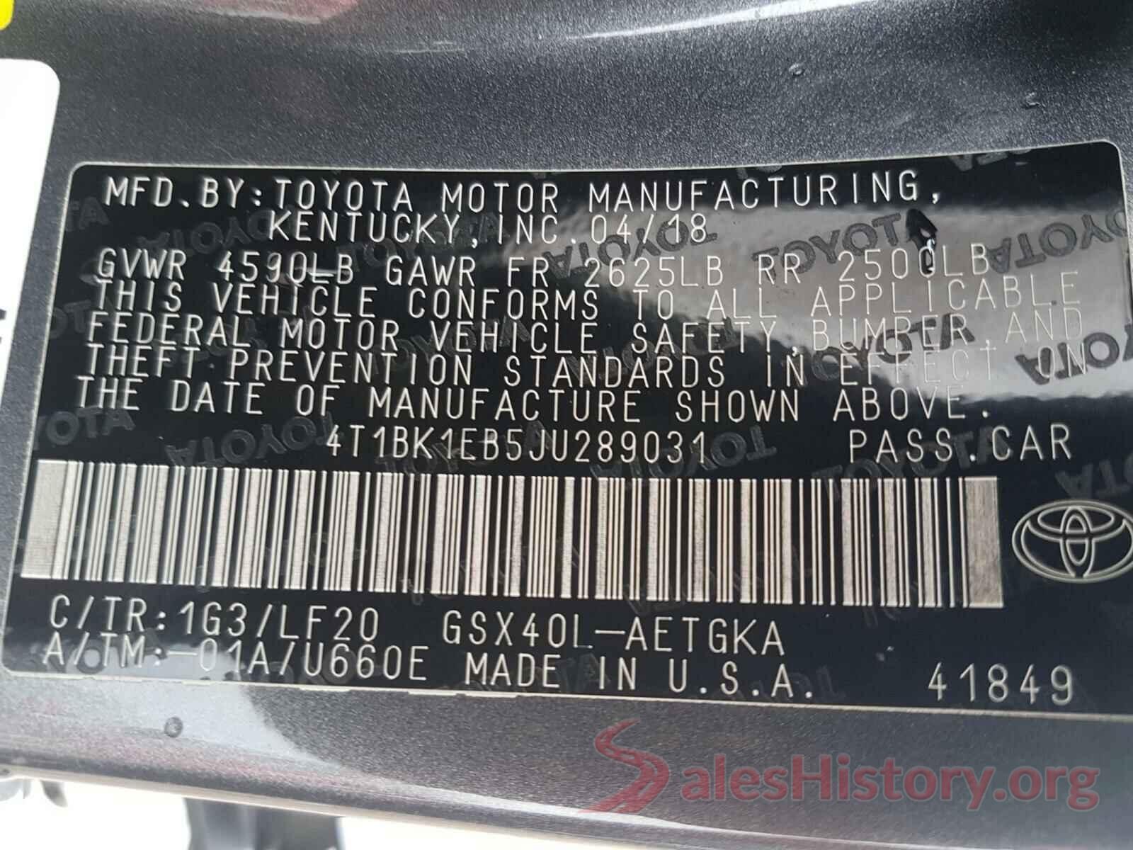 4T1BK1EB5JU289031 2018 TOYOTA AVALON