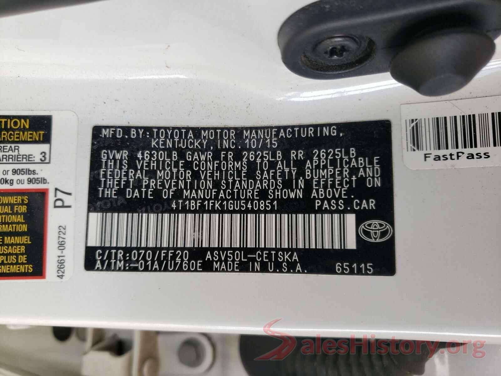 4T1BF1FK1GU540851 2016 TOYOTA CAMRY