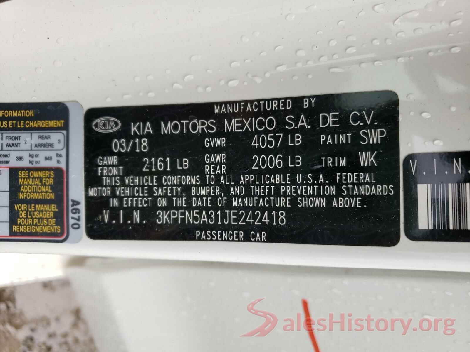 3KPFN5A31JE242418 2018 KIA FORTE