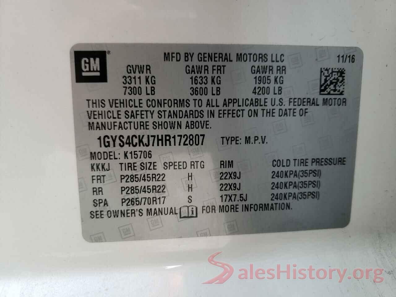 1GYS4CKJ7HR172807 2017 CADILLAC ESCALADE