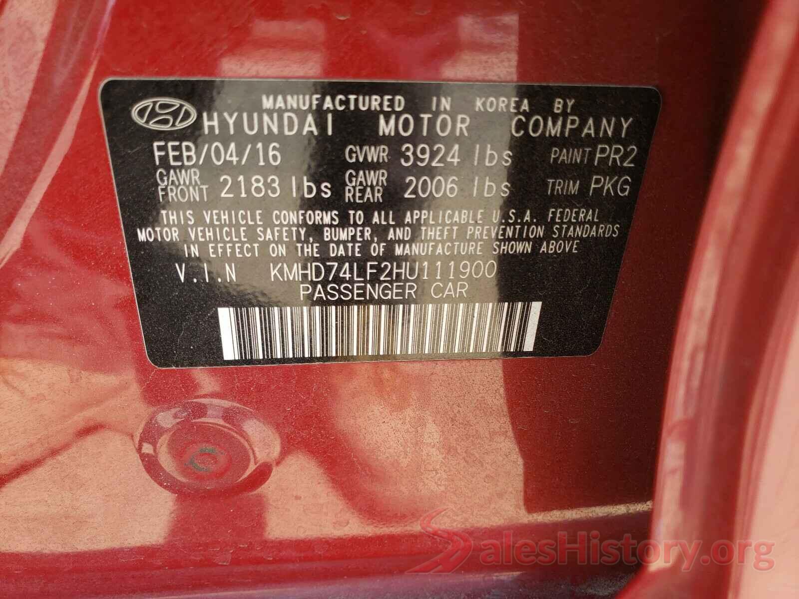 KMHD74LF2HU111900 2017 HYUNDAI ELANTRA