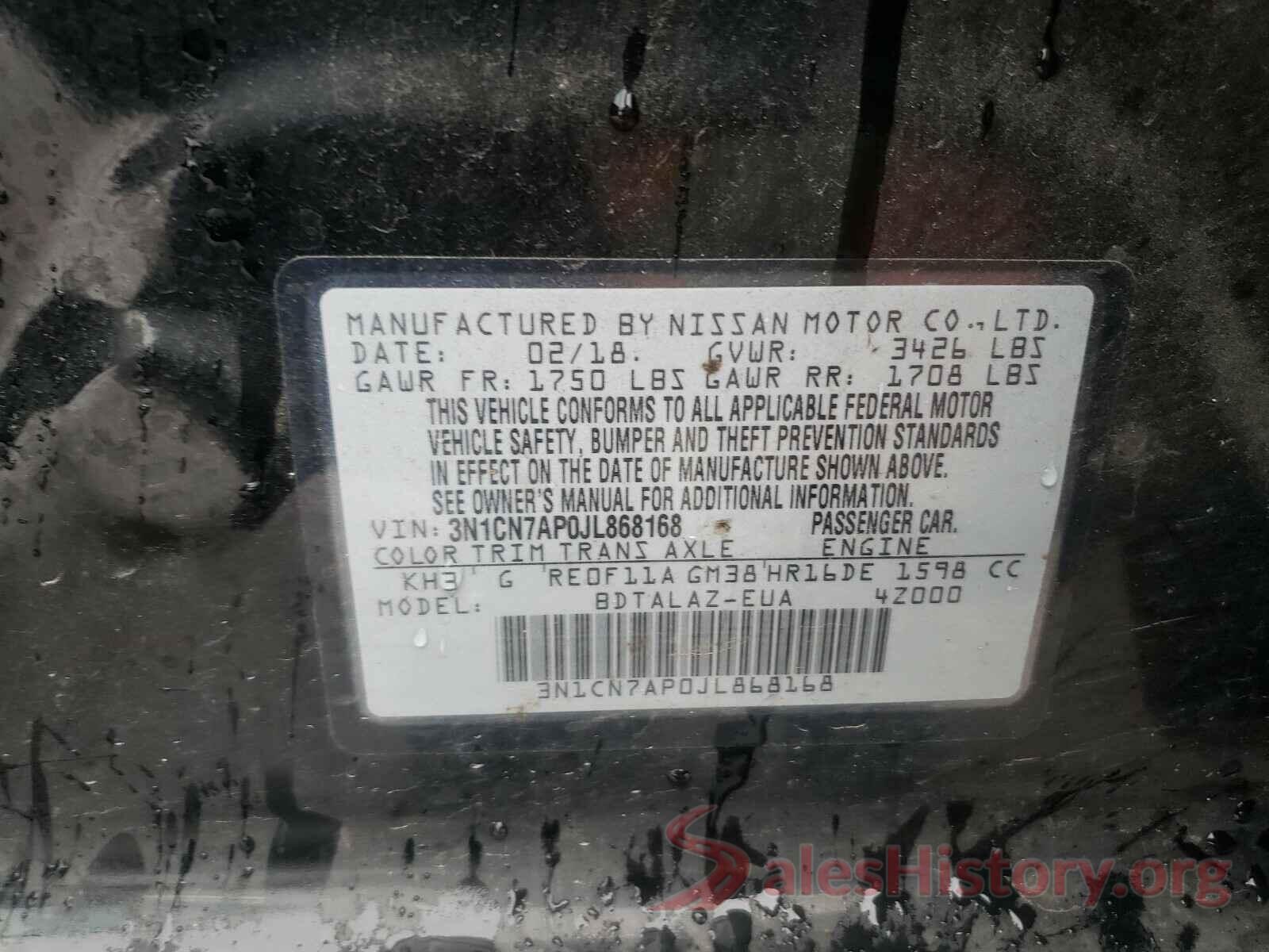 3N1CN7AP0JL868168 2018 NISSAN VERSA