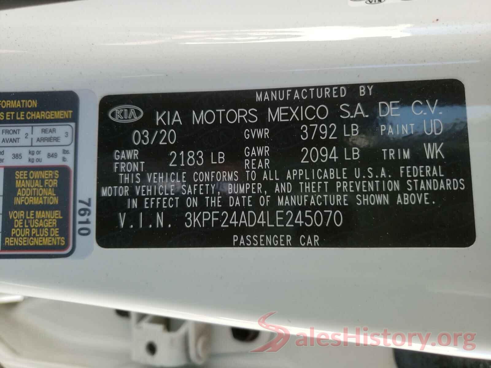 3KPF24AD4LE245070 2020 KIA FORTE