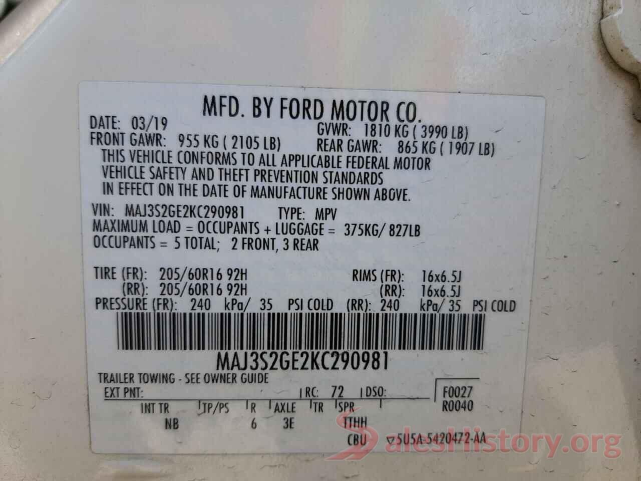 MAJ3S2GE2KC290981 2019 FORD ALL OTHER