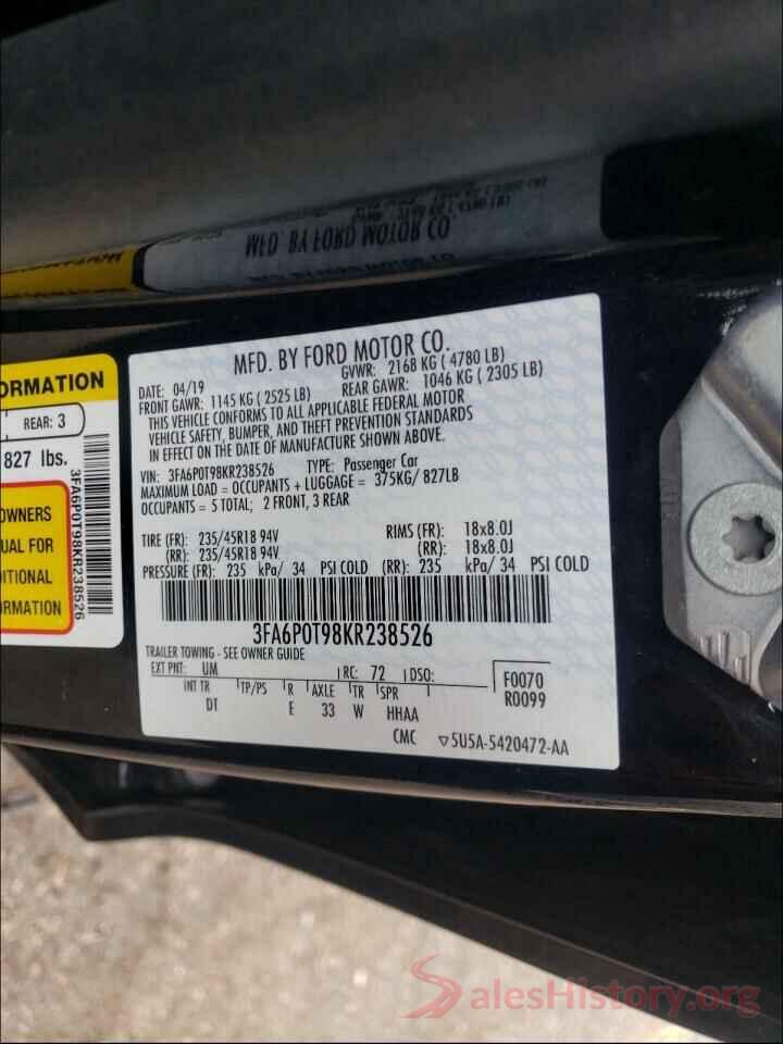 3FA6P0T98KR238526 2019 FORD FUSION