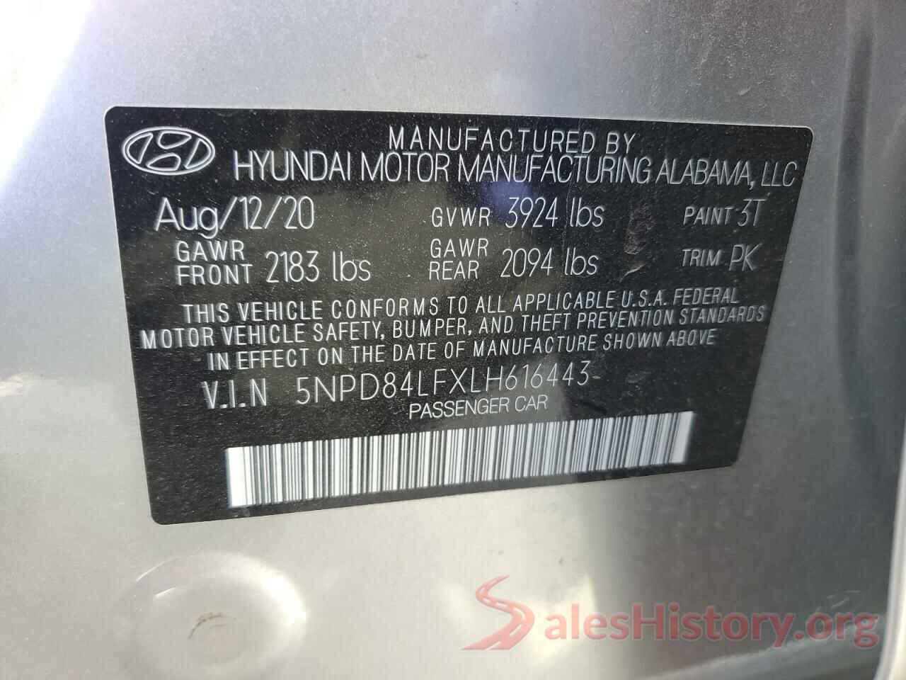 5NPD84LFXLH616443 2020 HYUNDAI ELANTRA