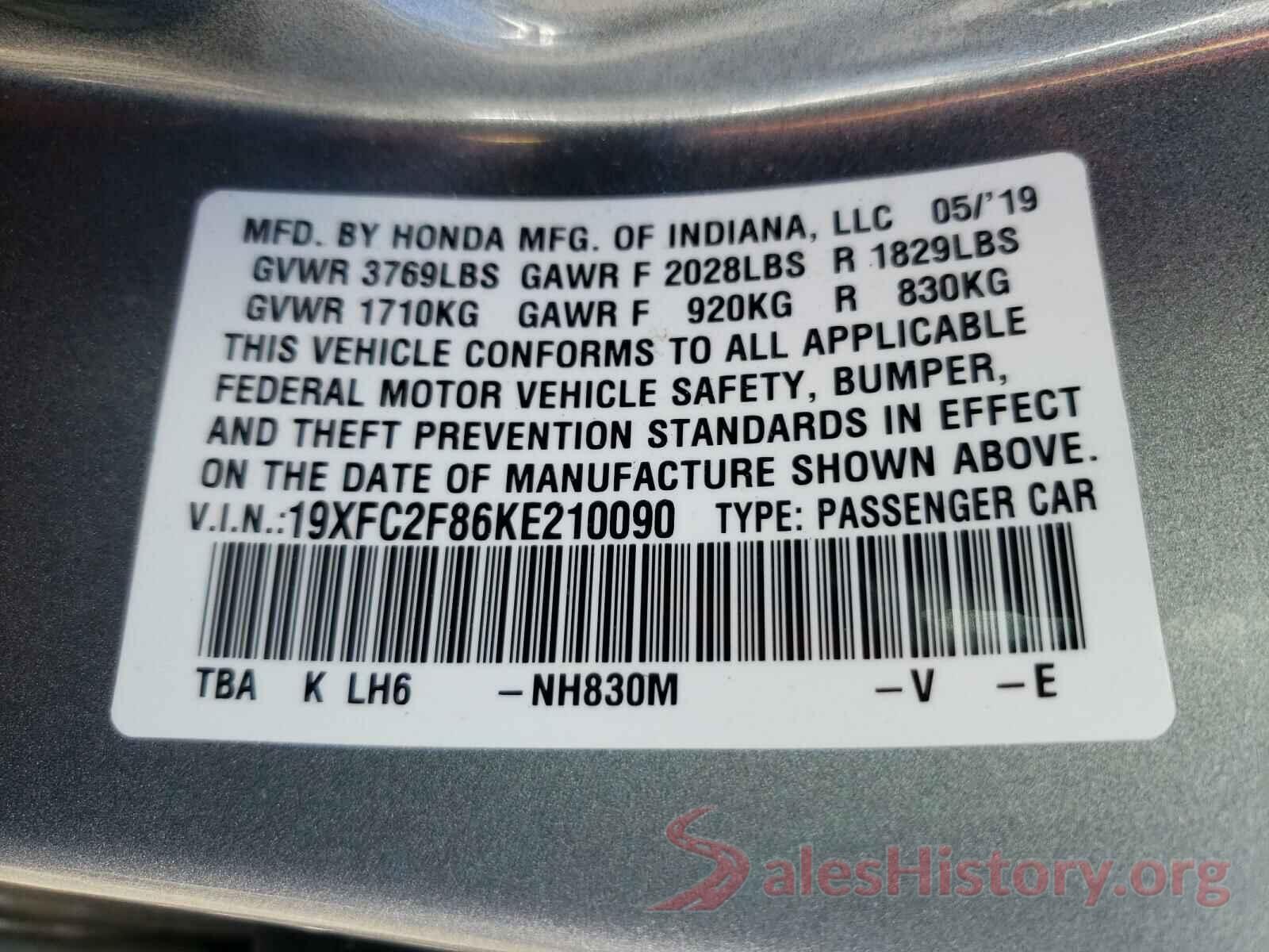 19XFC2F86KE210090 2019 HONDA CIVIC